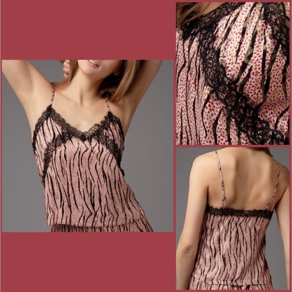 Victoria's Secret Animal Print Gold Shimmer Lace Trim Satin Tank Top
